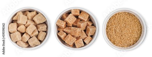 Ceramic bowl plates of natural brown refined sugar and sugar cubes on white background.