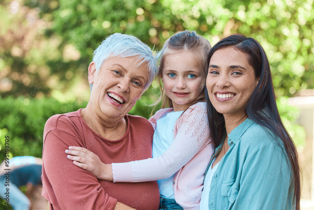 Family, women and portrait in a garden with love, hug and happy while bonding outdoors. Face, smile and girl with mother and grandmother in a park, embrace and enjoying the weekend outside together Family, women and portrait in a garden with love, hug and happy while bonding outdoors. Face, smile and girl with mother and grandmother in a park, embrace and enjoying the weekend outside together