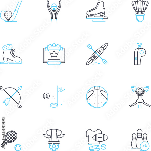Competitions linear icons set. Challenge, Race, Contest, Game, Event, Battle, Match line vector and concept signs. Exhibition,Tournament,Showdown outline illustrations