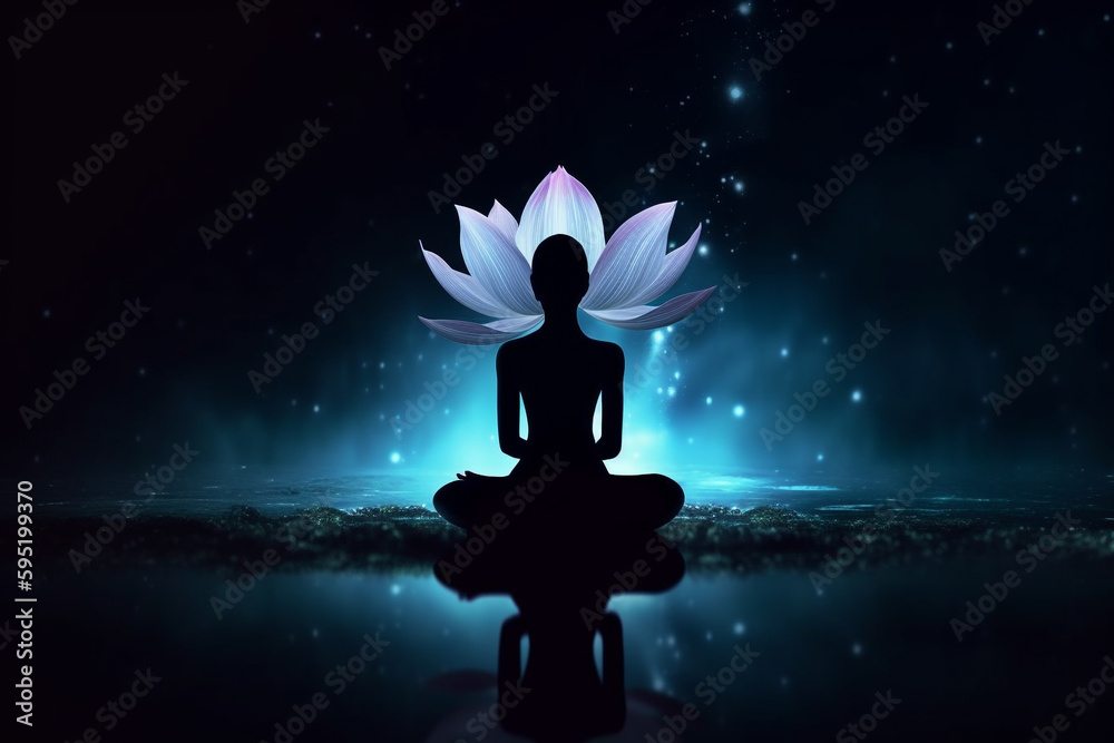 State of mind concept. Transcendental chakras space meditation woman silhouette. Lotus pose, cosmic background. Generative AI