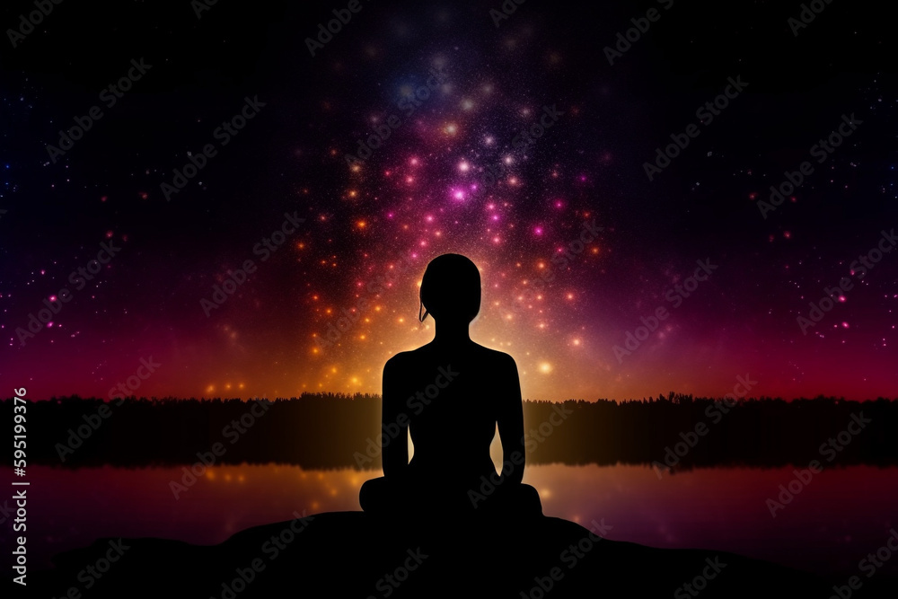 State of mind concept. Transcendental chakras space meditation woman silhouette. Lotus pose, cosmic background. Generative AI