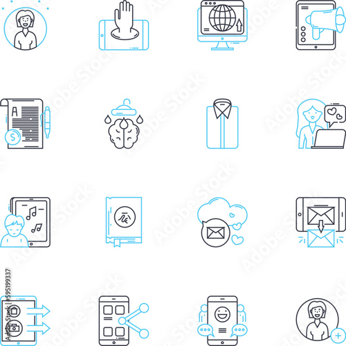 Keyword research linear icons set. Analysis, Targeting, Optimization, Competitors, Tools, Insights, Volume line vector and concept signs. Strategy,Ranking,Trends outline illustrations