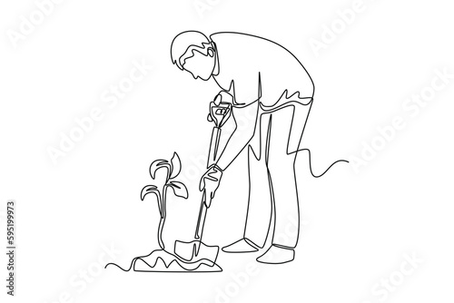 Continuous one line drawing happy man using spade for planting. World environment day concept. Single line draw design vector graphic illustration.