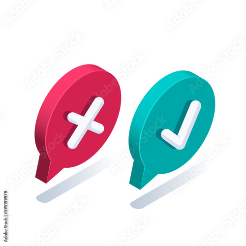 isometric vector illustration isolated on white background, green and red text bubbles with checkmark and cross, opinion meaning approval or denial