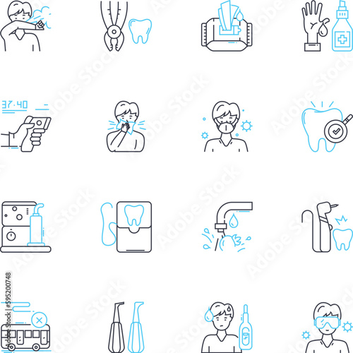 Tooth care linear icons set. Flossing, Brushing, Mouthwash, Gum, Dental, Tartar, Decay line vector and concept signs. Cavity,Whitening,Enamel outline illustrations