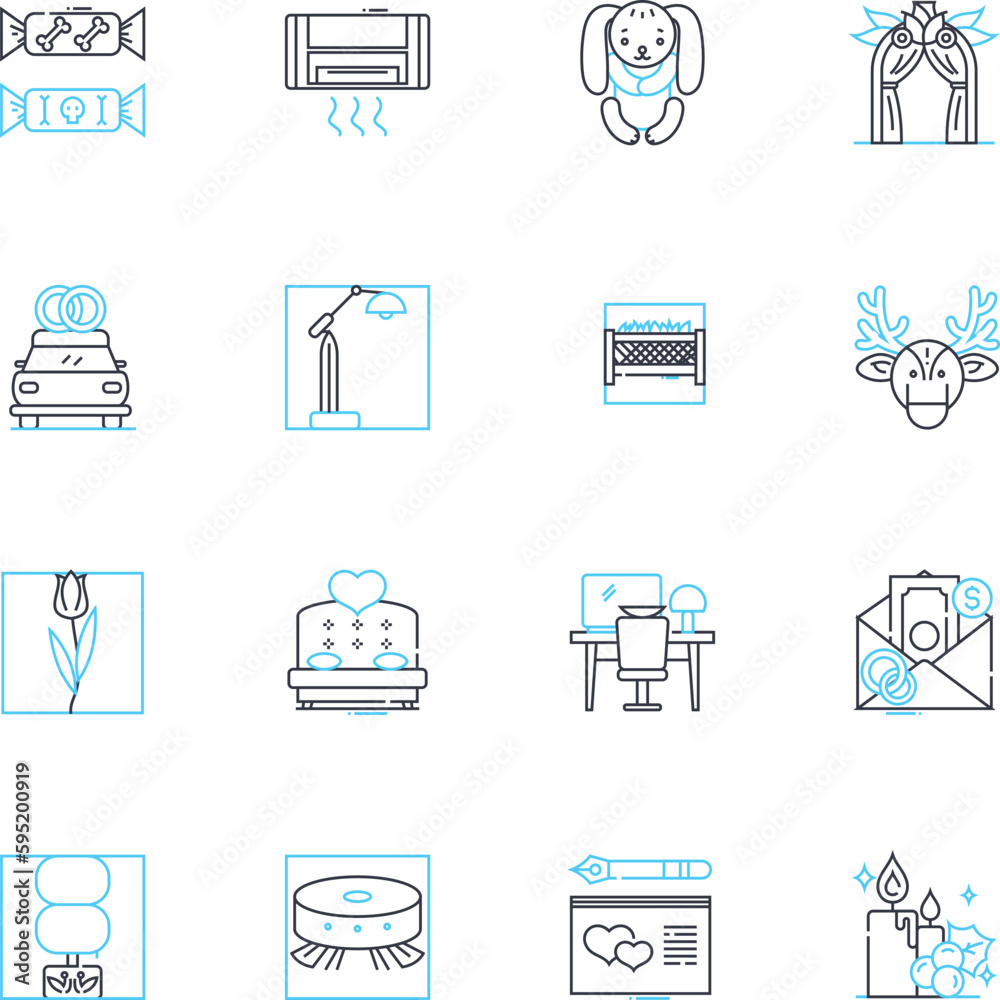 Bedecking linear icons set. Adorn, Embellish, Ornament, Decorate, Trim, Festoon, Garnish line vector and concept signs. Array,Bedeckment,Enhance outline illustrations