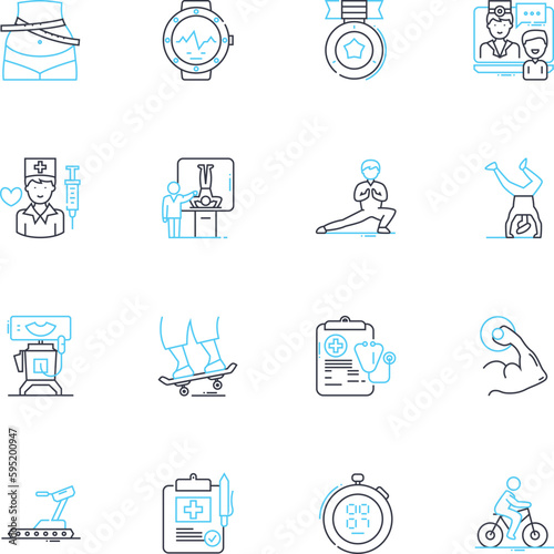 Strength linear icons set. Power, Stamina, Endurance, Vigor, Resilience, Might, Robustness line vector and concept signs. Toughness,Fortitude,Resistance outline illustrations