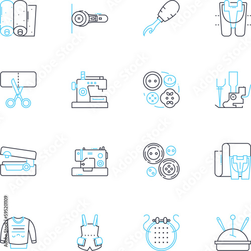 Embroidery linear icons set. Needlework, Stitch, Thread, Design, Pattern, Texture, Fabric line vector and concept signs. Hoop,Applique,Satin outline illustrations