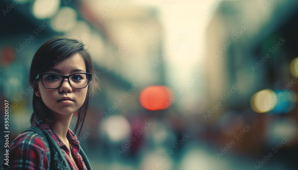 Young women looking confident in city lights generated by AI Young women looking confident in city lights generated by AI