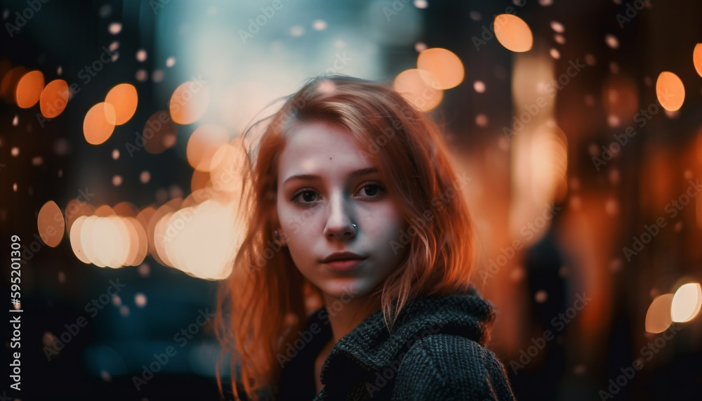Young woman smiling, illuminated by Christmas lights generated by AI