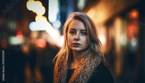 Young woman smiling, illuminated by street light generated by AI