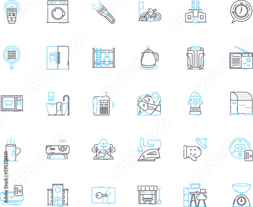 Town domicile linear icons set. Suburb, Haven, Neighborhood, Community, Cityscape, Village, Locality line vector and concept signs. Municipal,Borough,Dwelling outline illustrations