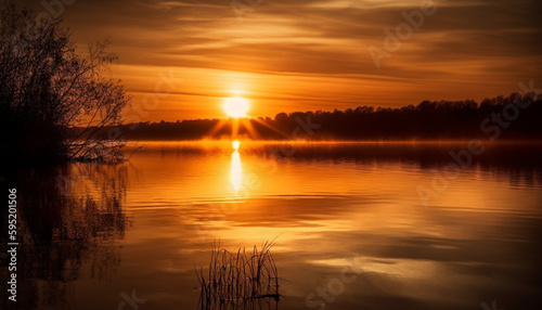 Golden sun s over tranquil water scene generated by AI © Stockgiu