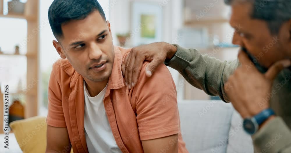 Depression, support or trust with a father and son talking in the living room to comfort, console or care. Family, love and empathy with a senior parent helping a man through pain, grief or loss
