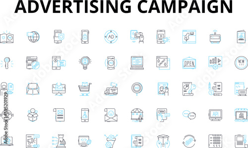 Advertising campaign linear icons set. Creativity, Strategy, Targeting, Message, Branding, Awareness, Engagement vector symbols and line concept signs. Conversion,Impact,Reach illustration