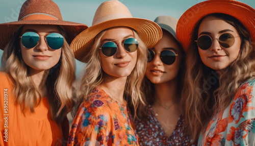 Young adults in sunglasses enjoy summer vacation generated by AI © Stockgiu
