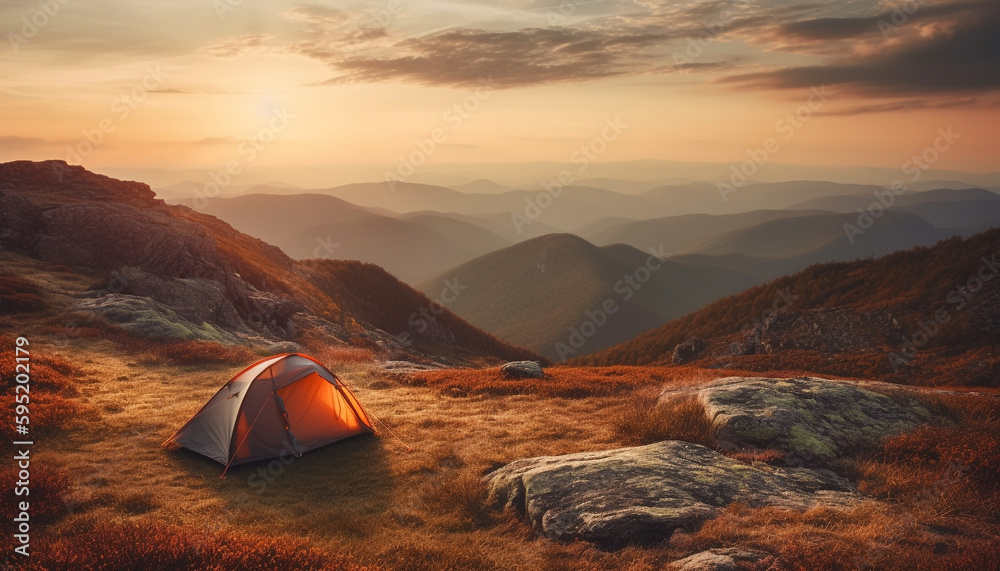 Mountain peak, dome tent, tranquil scene, freedom generated by AI