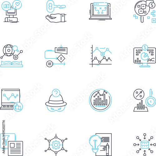 Look for linear icons set. Hunt, Explore, Seek, Search, Discover, Scavenge, Quest line vector and concept signs. Pursue,Investigate,Examine outline illustrations