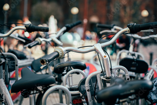 city bikes parked in the city center