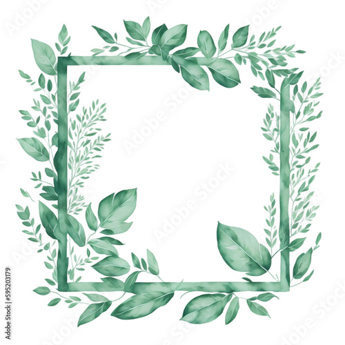 Watercolor frame of green leaves on transparent background. AI generative art  upgraded by human