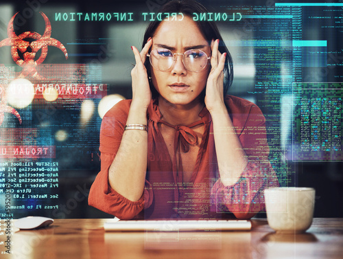 Stress, business headache and Asian woman gets a cyber security attack, virus or glitch. Anxiety, depression and portrait of sad person in it or big data hacked with ransomware in phishing overlay.