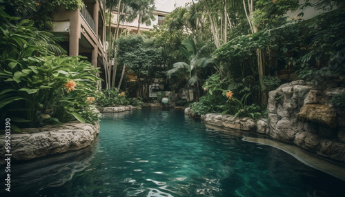 Tropical rainforest, palm trees, and swimming pool generated by AI