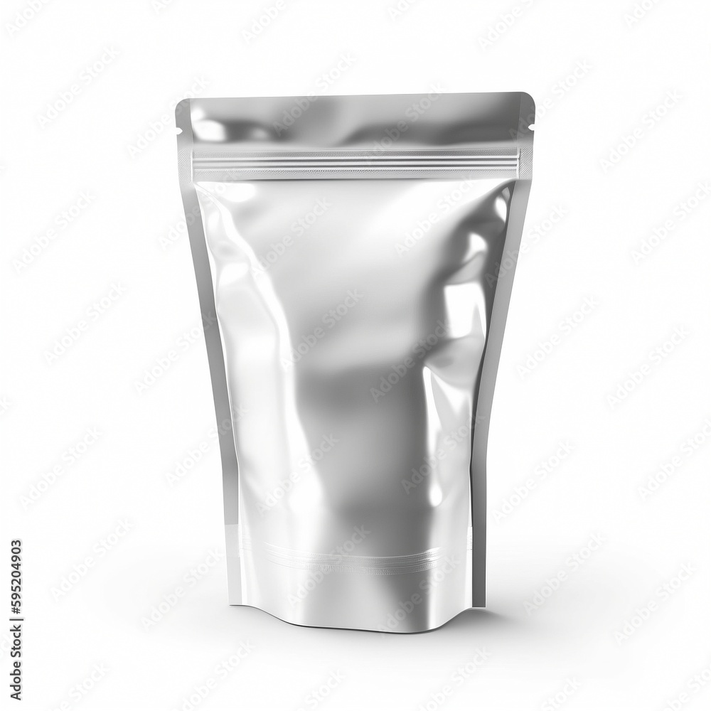 Foil food doy pack on white background, created with generative AI Foil food doy pack on white background, created with generative AI