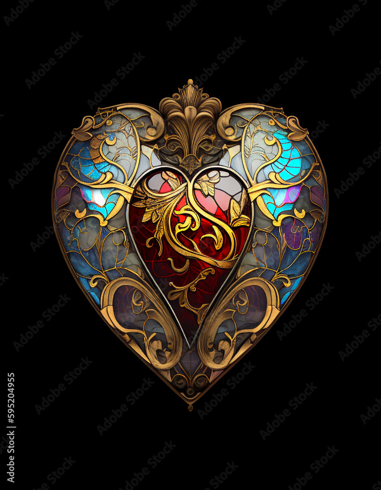 Stained glass heart with ornaments on black background, created with generative AI Stained glass heart with ornaments on black background, created with generative AI