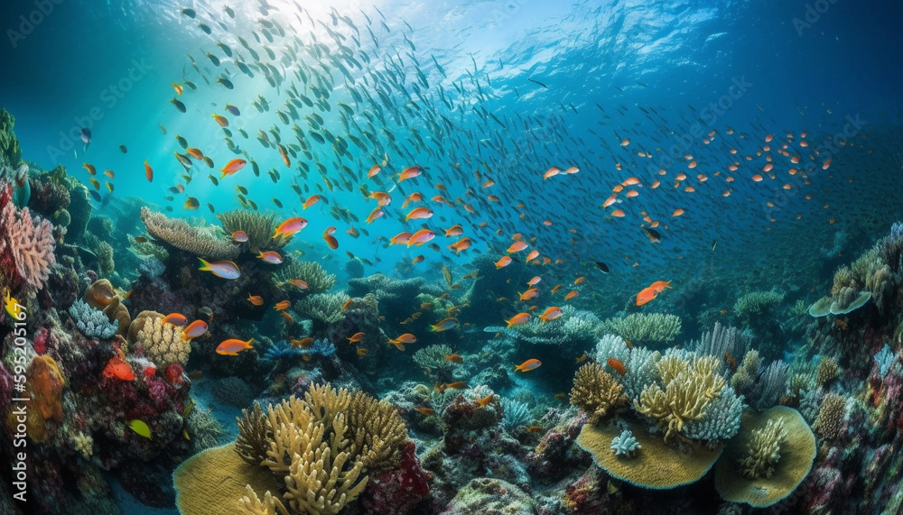 Multi colored fish swim in tropical reef paradise generated by AI Multi colored fish swim in tropical reef paradise generated by AI