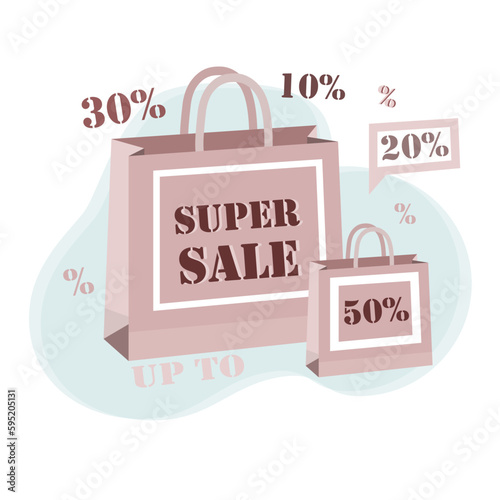 Super Sale. Hot offer. Profitable proposition. Discount 50%. Advertising flyer with Shopping Bag.
