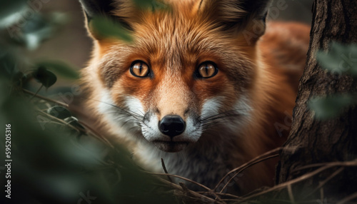 Cute red fox looking at camera in forest generated by AI