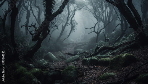 Spooky forest, dark mystery, horror in nature generated by AI