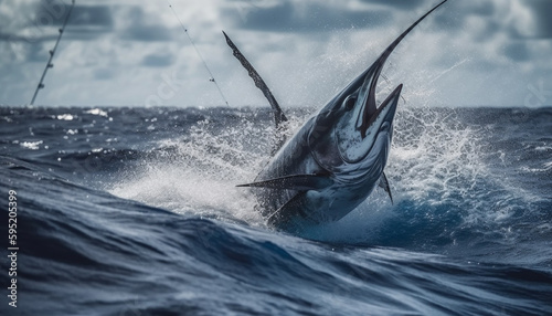 Majestic humpback breaches, spraying blue waves high generated by AI