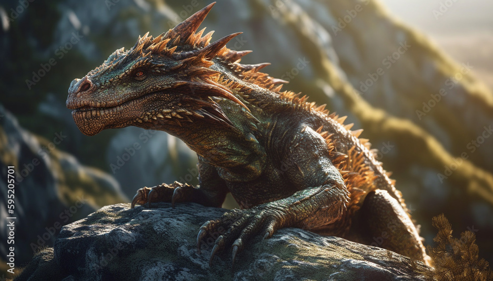 Large horned dragon lizard in tropical forest generated by AI Large horned dragon lizard in tropical forest generated by AI