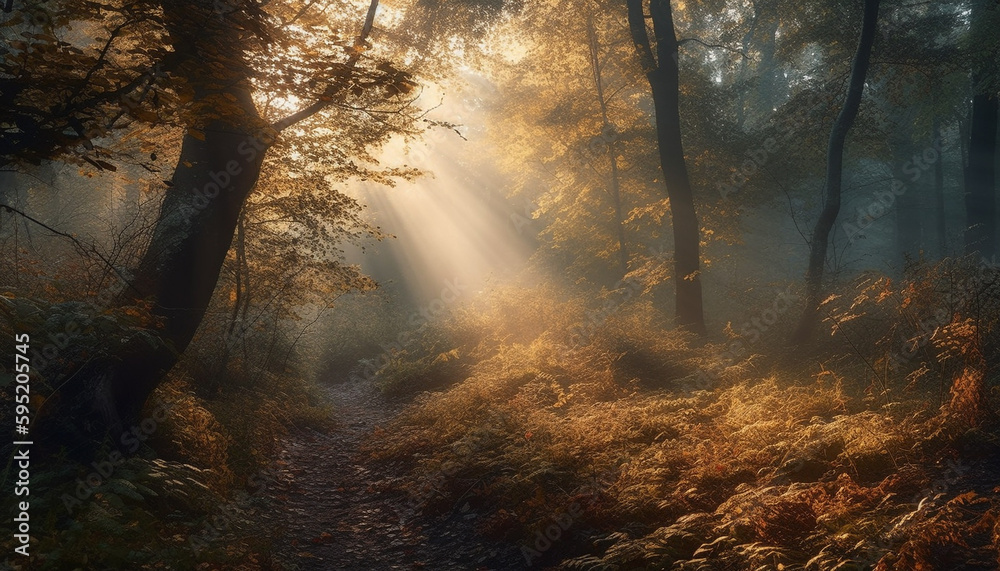 Fototapeta premium Golden leaves lead to mysterious autumn forest generated by AI