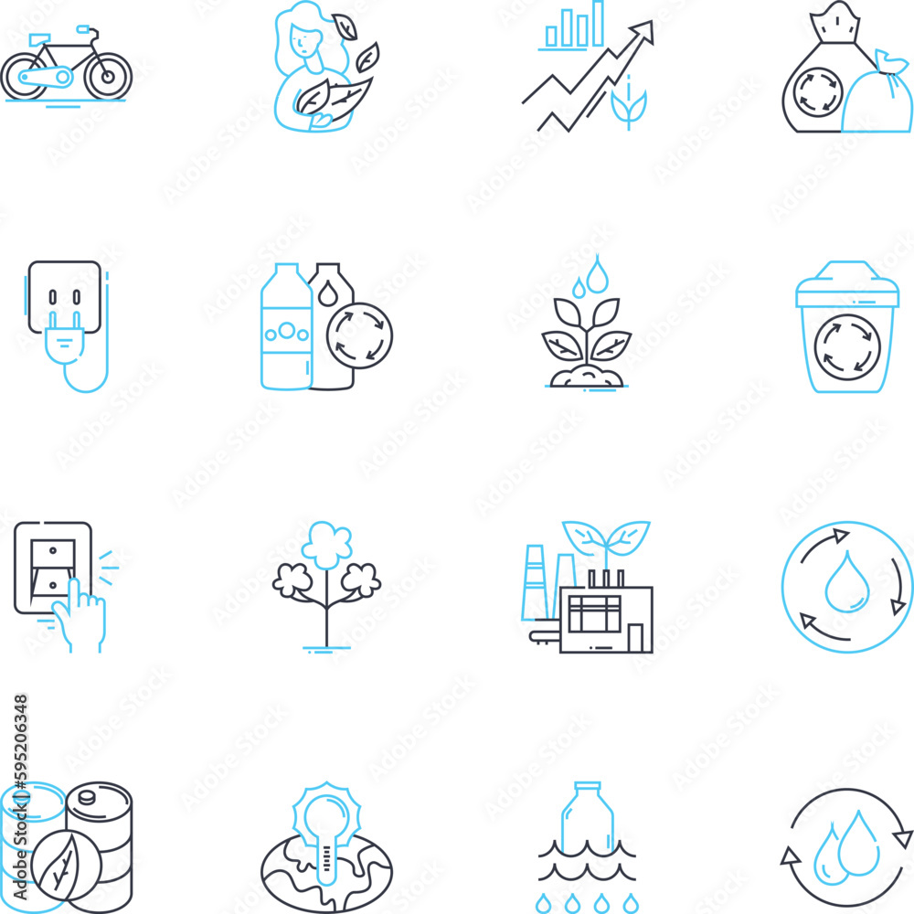 Sustainable developments linear icons set. Eco-friendly, Circular, Renewable, Green, Regenerative, Organic, Social line vector and concept signs. Economic,Environmental,Upcycling outline illustrations