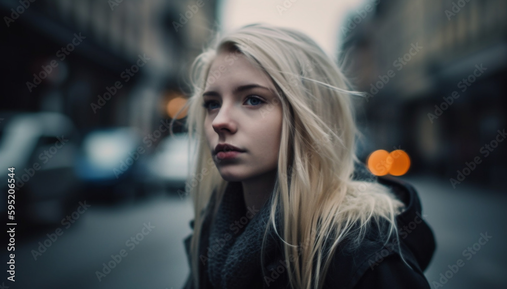 Fototapeta premium Young woman walking alone in the city generated by AI