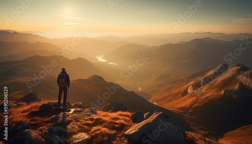 Backpacker standing on top of majestic mountain peak generated by AI © Stockgiu