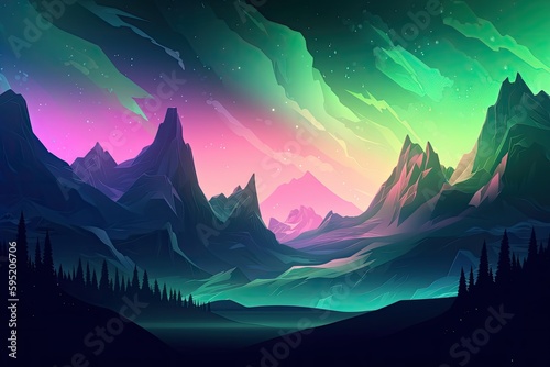 Aurora borealis in the mountains. Generative AI.
