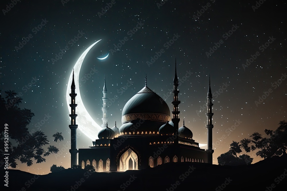 Mosque in the night with moon. Happy Ramadan. Happy Raya. Generative AI.	
