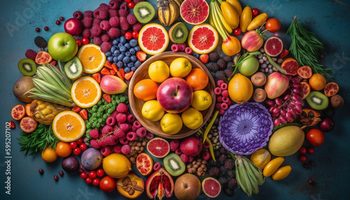 Fresh organic fruit and vegetable collection on table generated by AI