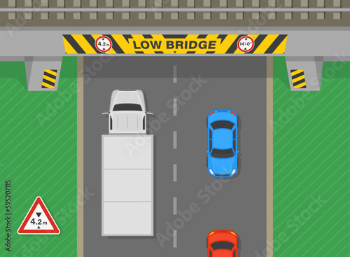 Safe driving tips and traffic regulation rules. Top view of a low bridge with obstruction and hazard marker. Traffic flow on british road. Flat vector illustration template.