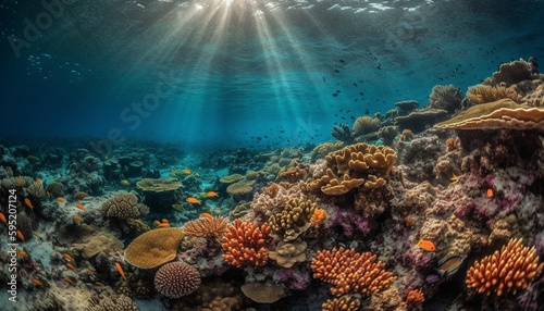 Colorful reef teeming with aquatic life below generated by AI