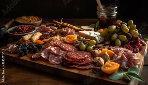 Variety of cured meats and bread on board generated by AI