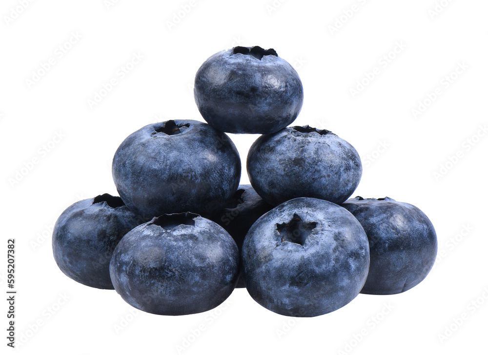 Blueberries with green leaves closeup, isolated on transparent png