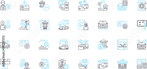 Profits earned linear icons set. Revenue, Gain, Earnings, Income, Return, Yield, Surplus line vector and concept signs. Benefit,Advantage,Prosperity outline illustrations