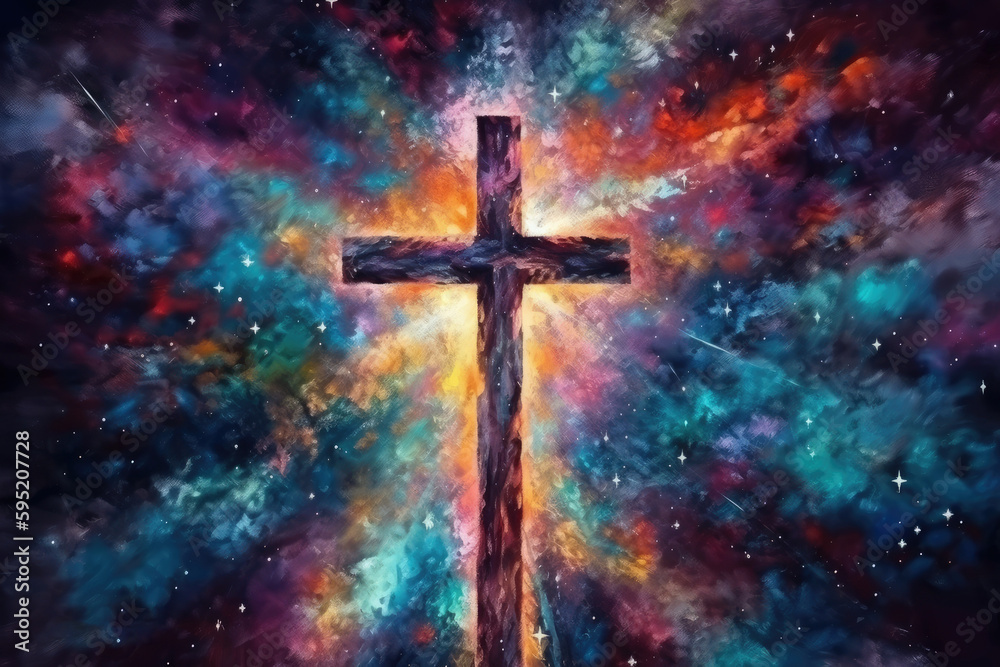 Cross on the colorful landscape with nice lighting. Generative AI. Cross on the colorful landscape with nice lighting. Generative AI.