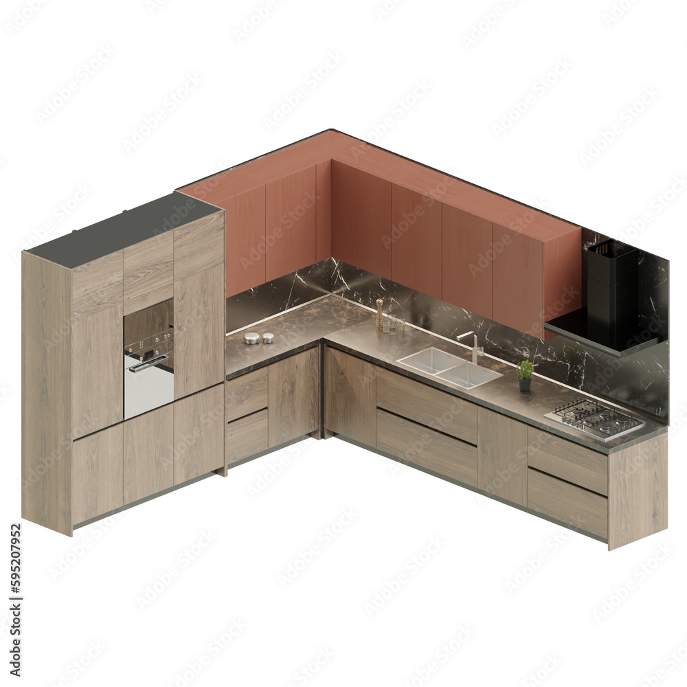 modern kitchen interior with furniture isolated. Isometric view