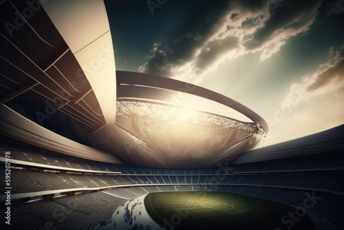Modern futuristic stadium architecture at the sunset sky. Generative AI.