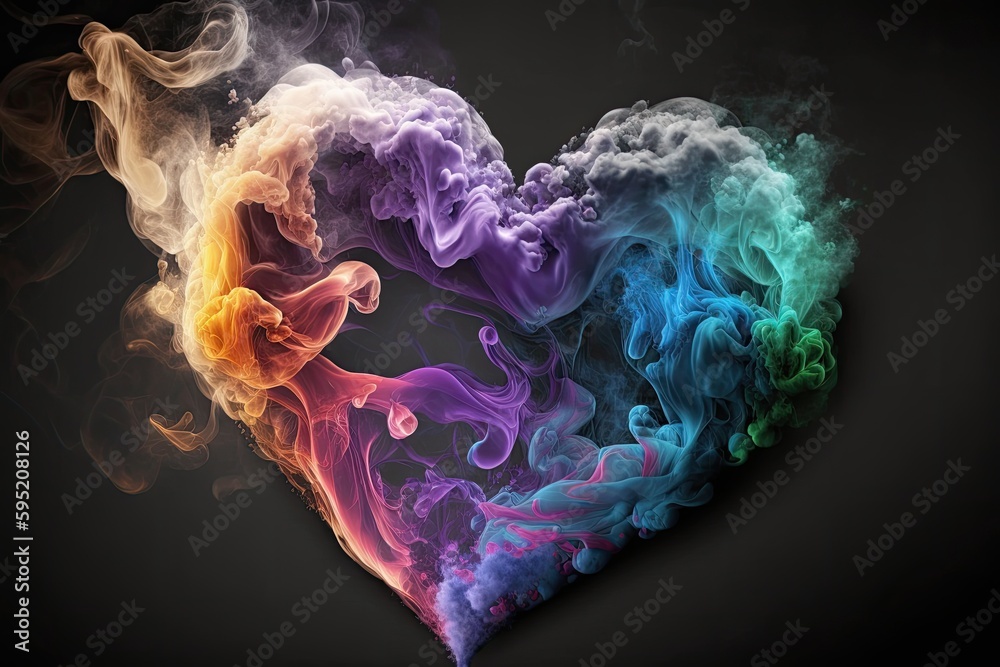 Colorful love heart shaped smoke. Generative AI. Colorful love heart shaped smoke. Generative AI.